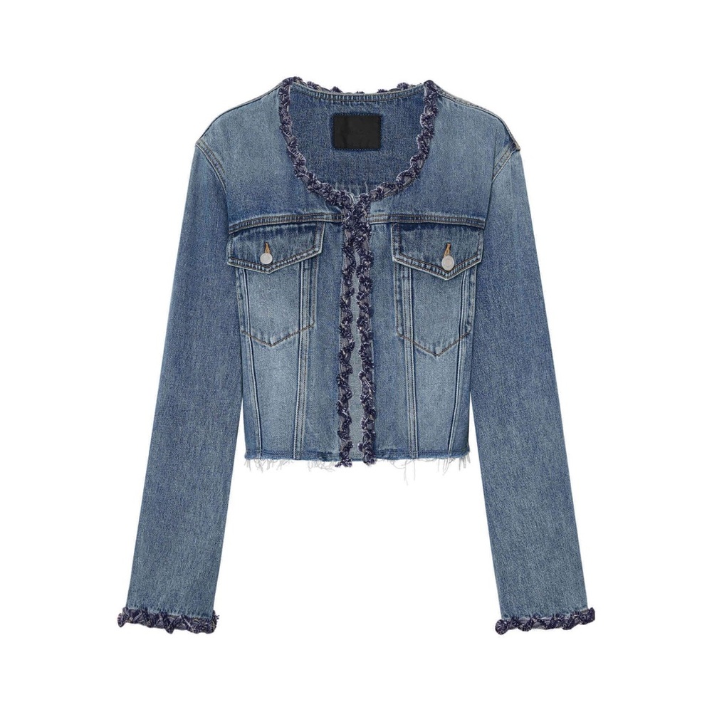 Mo&Co Cropped Collarless Denim Jacket Size Small Woven Trim Raw Hem